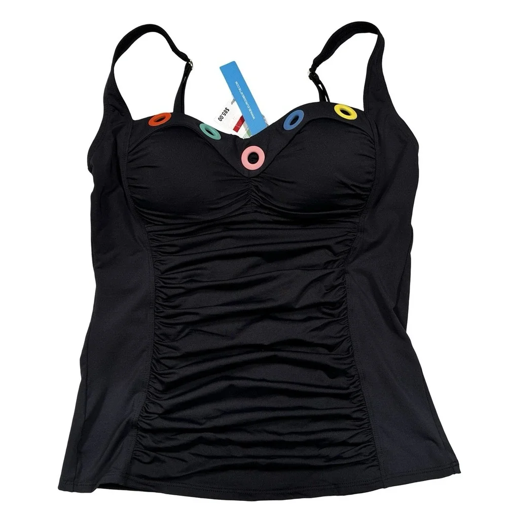 BLEU Rod Beattie Black Grommet Tankini Swim Top 8 Ruched Molded Cups NWT Chic